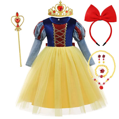 Fantasia Infantil Branca de Neve Vestido de Princesa Baile Meninas Aniversário Festa Corpinho de Veludo Saia de Tule Malha Roupa Cosplay Infantil 2-10 Anos