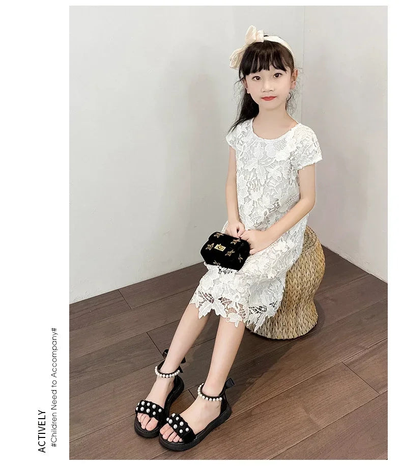 Children's Sandals Summer Bowtie Princess Shoes for Girls Fashion Sweet Kids Causal Pearl Roman Sandals Solid Color Hook Loop