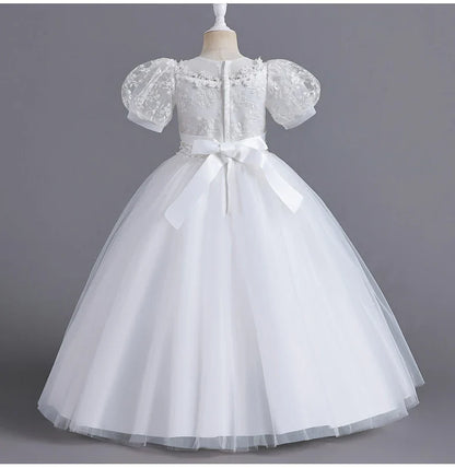 8901 Vestido Infantil para Meninas de 4 a 12 anos Princesa Lantejoulas Manga Bufante Longo Tule Florista Casamento Verão Pequeno