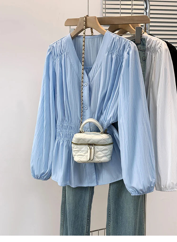2026 V-neck Long Sleeved Plus Size Shirt Loose Pleated Ruffle Oversized Tops Ladies Chic Elegant Solid Versatile Blouse