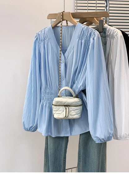 2026 V-neck Long Sleeved Plus Size Shirt Loose Pleated Ruffle Oversized Tops Ladies Chic Elegant Solid Versatile Blouse
