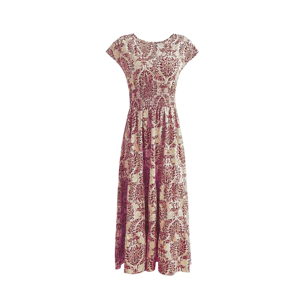 2025 vintage printed dress fashionable and elegant V-neck short sleeved jumpsuit long skirt women's clothing