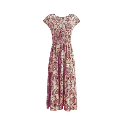 2025 vintage printed dress fashionable and elegant V-neck short sleeved jumpsuit long skirt women's clothing