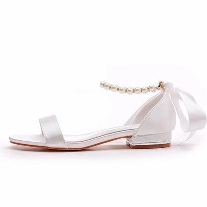 Summer new 2-cm square-heeled silk ribbon pearl rhinestone low-heeled wedding shoes beaded lace-up flat large-size women sandals