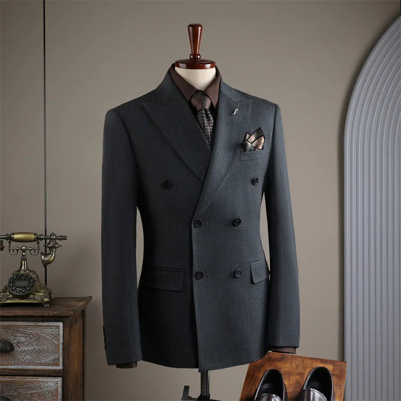 Terno Masculino de Alta Qualidade Formal Social Slim Fit Abotoamento Duplo Listrado Conjunto de Terno Noivo Casamento Roupa de Festa Smoking Roupa Masculina