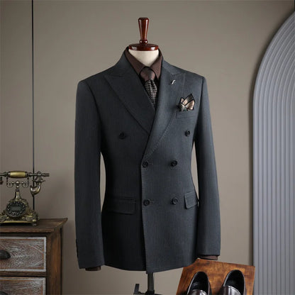 Terno Masculino de Alta Qualidade Formal Social Slim Fit Abotoamento Duplo Listrado Conjunto de Terno Noivo Casamento Roupa de Festa Smoking Roupa Masculina