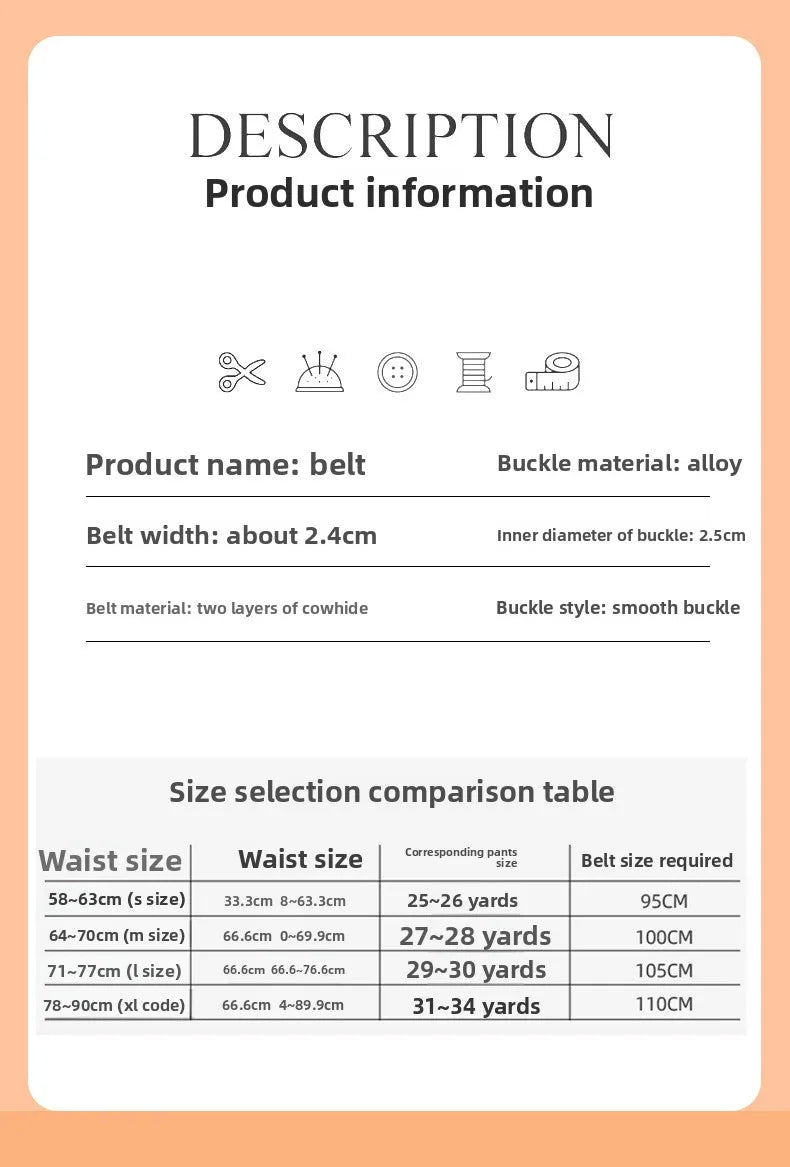 Genuine leather belt for women; cowhide fashion waist belt; versatile smooth buckle; 2025 dress decoration belt for