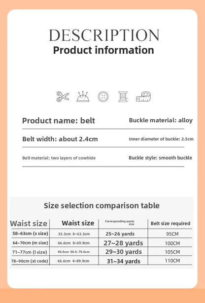 Genuine leather belt for women; cowhide fashion waist belt; versatile smooth buckle; 2025 dress decoration belt for