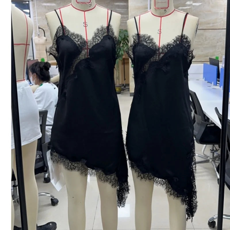 Soft Womens Satin Lace Trim Asymmetrical Top Y2k Irregular Hem Tanks Vest Top V Neck Coquette Going Out Camis Tops Streetwear