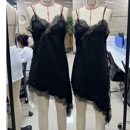 Soft Womens Satin Lace Trim Asymmetrical Top Y2k Irregular Hem Tanks Vest Top V Neck Coquette Going Out Camis Tops Streetwear