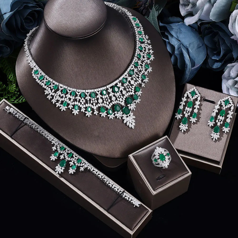 2024 Novo Conjunto de Joias de Luxo 4 Peças com Zircônia Cúbica para Noiva, Conjunto de Colar com Cristais, Conjunto de Joias de Dubai, Nigéria