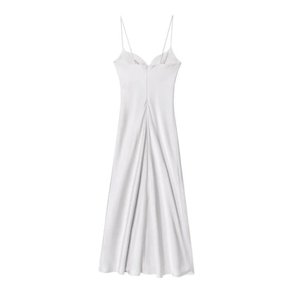 Women Red V-Neck Holiday Style Satin Texture Long Dress Sleeveless Summer Women's Back Zipper Fashion Sling Dresses