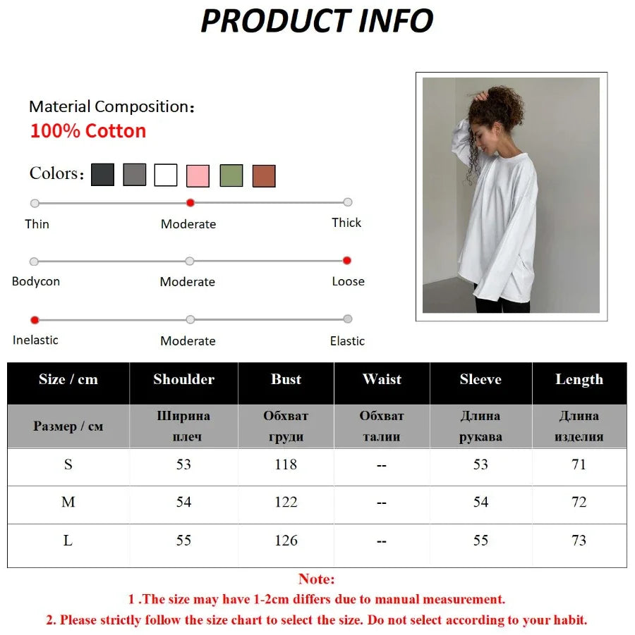 Women Summer 100% Cotton T-shirt Bottoming Spring Basic Fashionable Solid Lady Long Sleeve Loose Tops Shirts