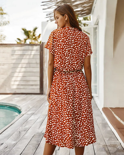 Vintage Floral Print Dress Women Boho Short Sleeve Long Dress Turn Down Collar Casual Waistband Shirt Dresses Robe 2021 Summer