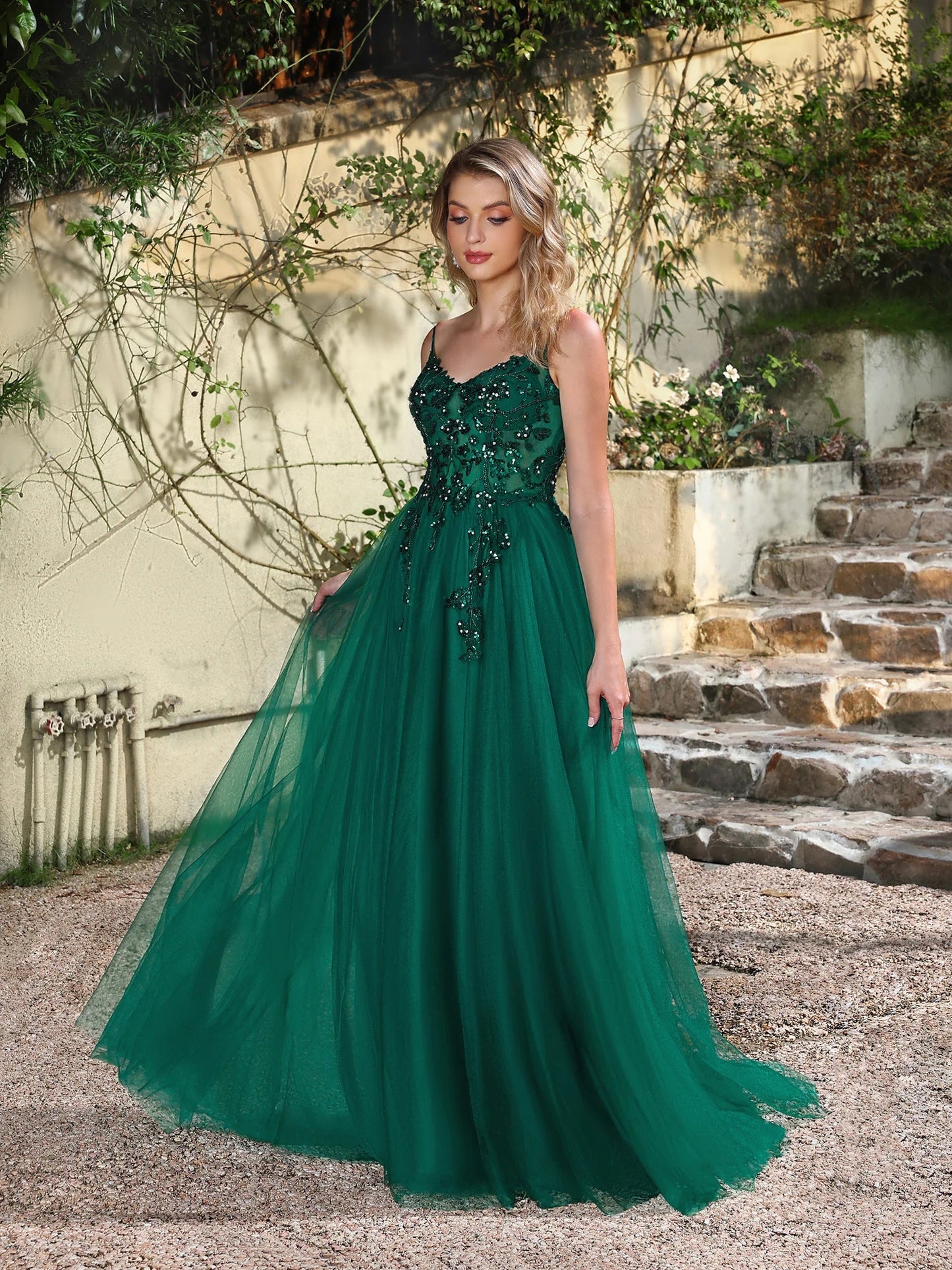 Sequins Lace Green Tulle Prom Dresses 2025 Sexy Spaghetti Straps Side Slit Evening Dress for Wedding Guest Party Dress