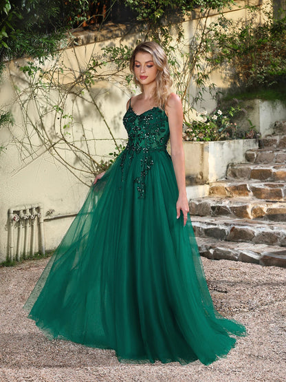 Sequins Lace Green Tulle Prom Dresses 2025 Sexy Spaghetti Straps Side Slit Evening Dress for Wedding Guest Party Dress