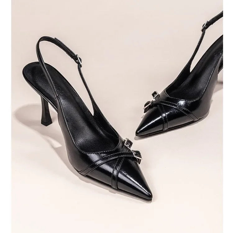 Sapatos de Salto Agulha Elegantes com Fivela, Bico Fino, Boca Rasa, para o Verão, Sapatos Femininos Pretos NO:602