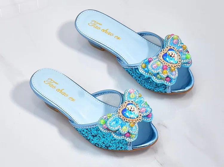 Girls High Heels Shoe Slippers Children Slippers Bow A Word Drag Sandals Soft Bottom Kids Party Wedding Performance Princes Shoe