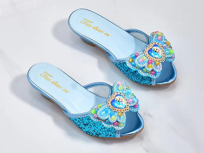 Girls High Heels Shoe Slippers Children Slippers Bow A Word Drag Sandals Soft Bottom Kids Party Wedding Performance Princes Shoe