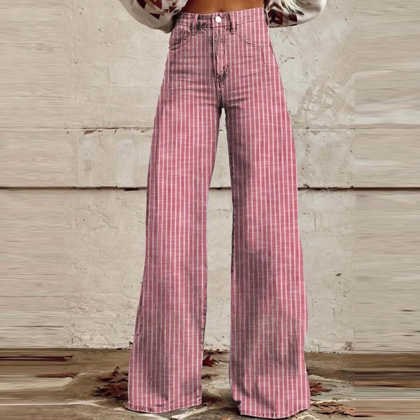 Trendy Color Striped Wide Leg Straight Denim Pants