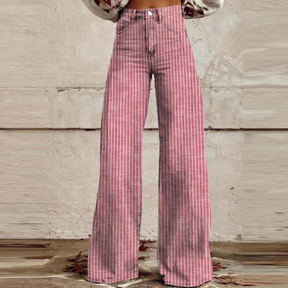 Trendy Color Striped Wide Leg Straight Denim Pants