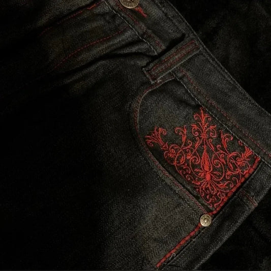 American Retro Y2K High Street Gothic Embroidered Men Black Red Pattern High Waist Jeans Street Couple Casual Pants