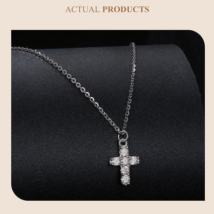 White Gold Plated Moissanite Cross Necklace & Earrings for Women, 925 Sterling Silver Small Religious Faith Xmas Jewelry