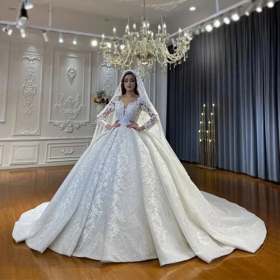 Customized Beading Muslim Wedding Dresses Long sleeve O Neck Wedding Gown Mariage Lace Bride Dress Vestidos De Novia