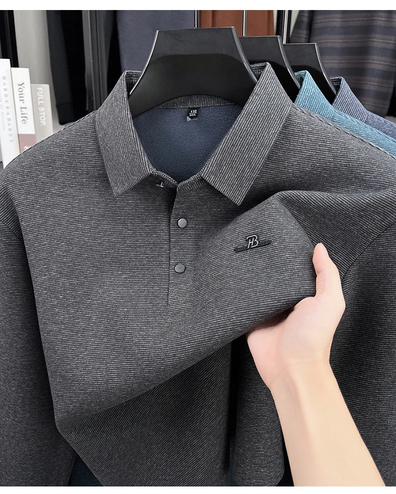 Fashion brand men's long sleeve polo shirt soft plush warm comfort new letter embossed solid color business casual lapel T-shirt