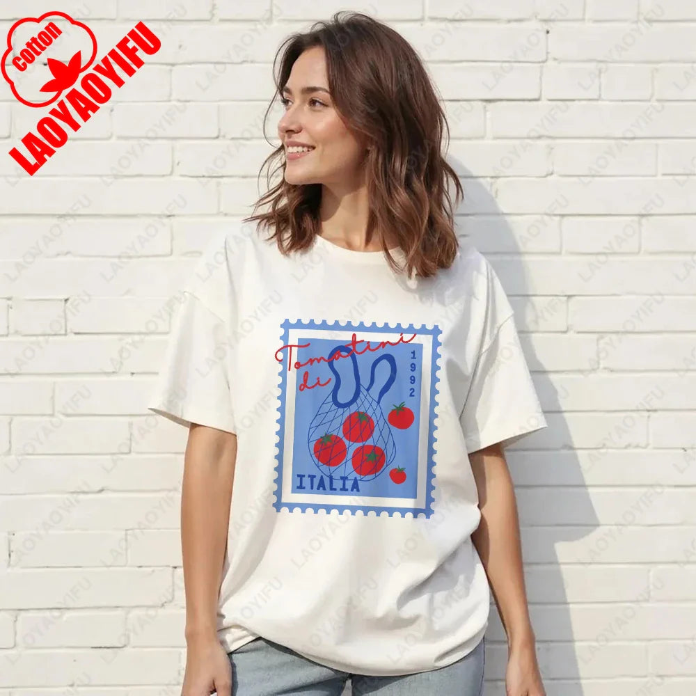 Vintage Italian Tomato Cotton Graphic Tshirt Summer Shirt Women Top Italy Vacation Aesthetic Tomato Girl Market Style