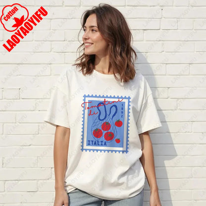 Vintage Italian Tomato Cotton Graphic Tshirt Summer Shirt Women Top Italy Vacation Aesthetic Tomato Girl Market Style