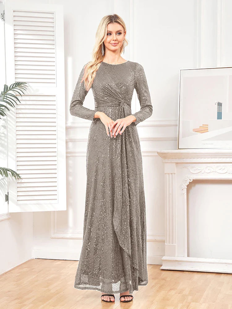 elegant Long Sleeve O-Neck Gold Sequins Evening Dress Luxury 2025 Women Wedding Party Prom Cocktail Dress Vestido