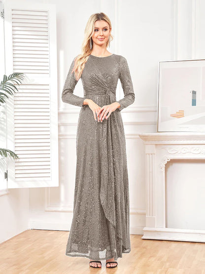 elegant Long Sleeve O-Neck Gold Sequins Evening Dress Luxury 2025 Women Wedding Party Prom Cocktail Dress Vestido