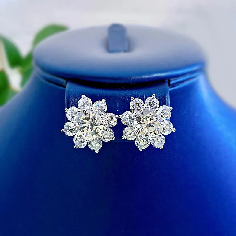 100% Real S925 Sterling Silver Floral Zircon Stud Earrings Women High Carbon Diamond Earring Ear Studs Fine Jewelry Gift