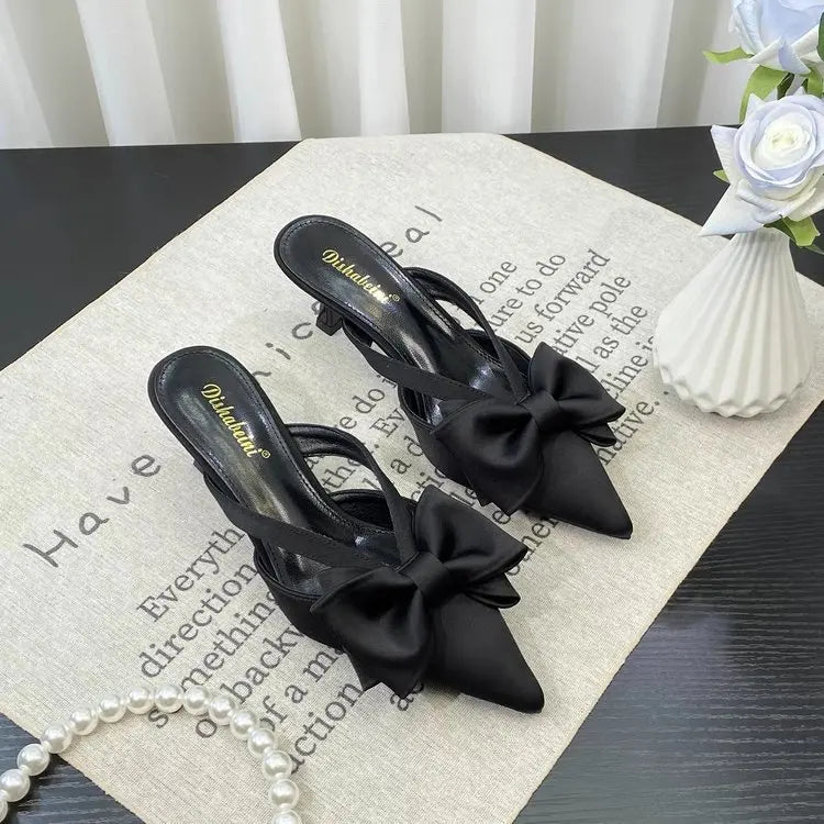 Fairy Style Pink Cool Slippers for Women's Summer 2024 French Pointed Bow Hollow High Heels, Half Wrapped Women's Slippers