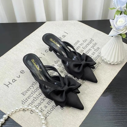 Fairy Style Pink Cool Slippers for Women's Summer 2024 French Pointed Bow Hollow High Heels, Half Wrapped Women's Slippers