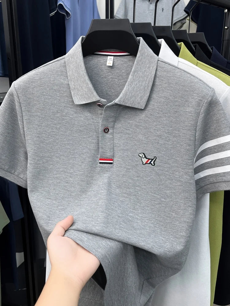100% pure cotton short sleeve high-end brand cartoon dog embossed men's T-shirt summer new Korean casual breathable polo shirt