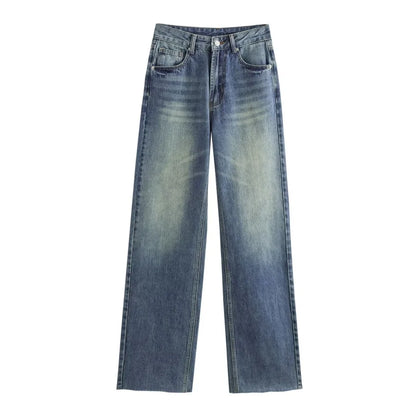 ETJ Wide-leg high-waisted jeans  women's classic everything with five pockets washed soft comfortable ultra-long jeans6045022