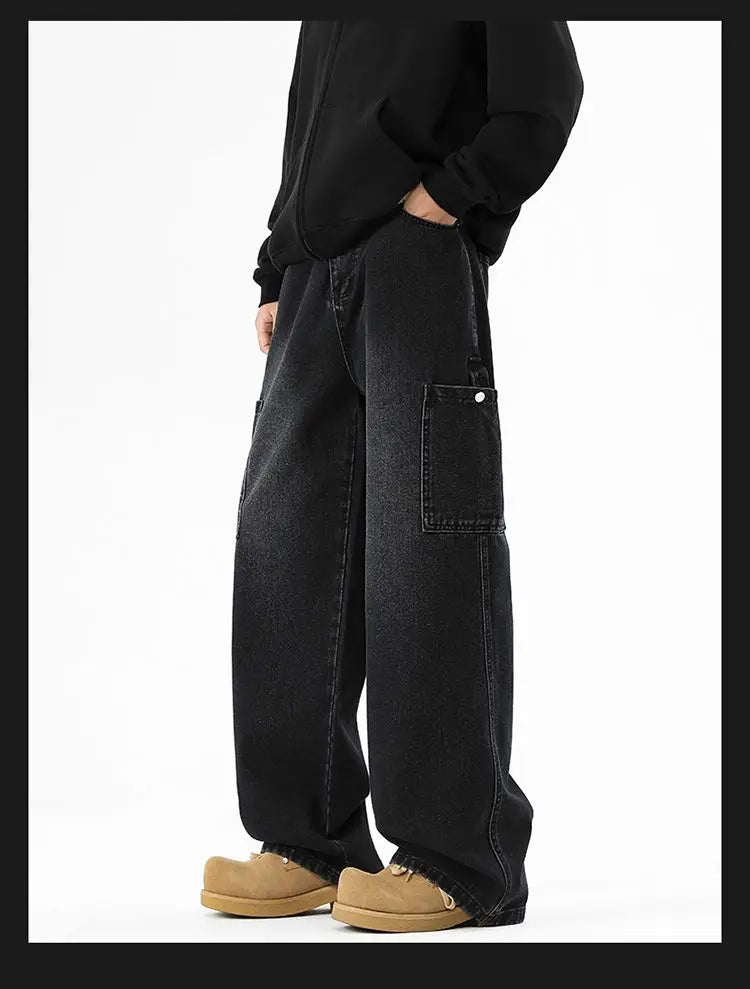 Cargo Jeans Men's Autumn New Vintage Fashion Straight Denim Trousers Casual Wide Personalized Male Clothing Pants Men Denim