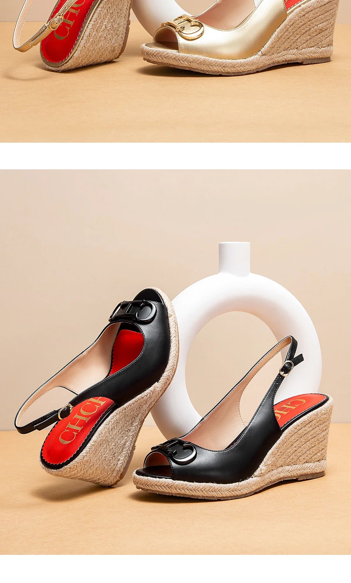 sandals summer women's casual shoes Gold INITIALS INSIGNIA PU LEATHER WEDGES Luxury brand wedge shoeses