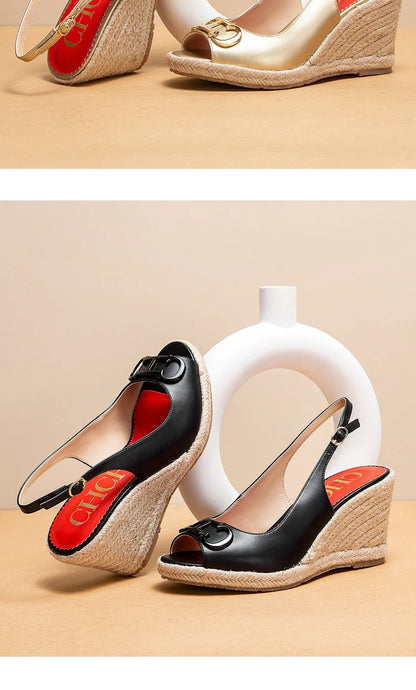 sandals summer women's casual shoes Gold INITIALS INSIGNIA PU LEATHER WEDGES Luxury brand wedge shoeses