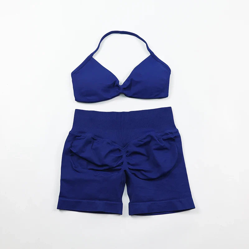 Scrunch Seamless Yoga Set Women Sportswear Ribbed Gym Shorts Strappy Sports Bra 2 Piece Set Halter Workout Clothes Fitness Suit