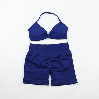 Scrunch Seamless Yoga Set Women Sportswear Ribbed Gym Shorts Strappy Sports Bra 2 Piece Set Halter Workout Clothes Fitness Suit