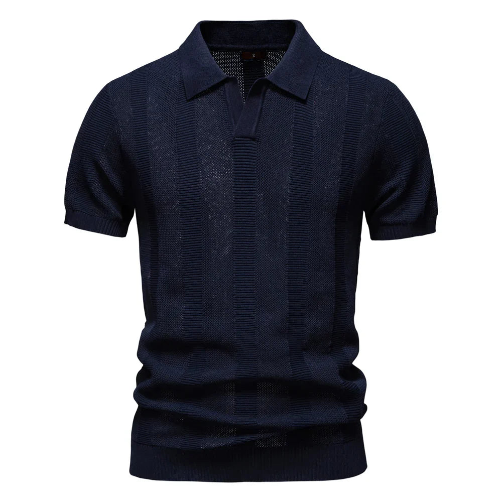 2025 Men's Solid & Striped Mesh Polo Shirt - Breathable Knit Casual Top with Turn-Down Collar