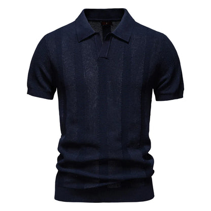 2025 Men's Solid & Striped Mesh Polo Shirt - Breathable Knit Casual Top with Turn-Down Collar