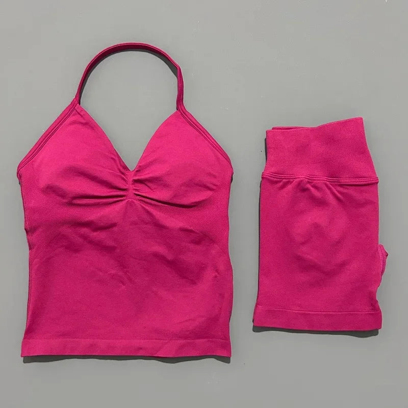 No Logo 2 Pies Sports Set Women Backless Tank Yoga Tops High Waist Scrunch Seamless Shorts Sport Gym Set Sportswear Workout Set