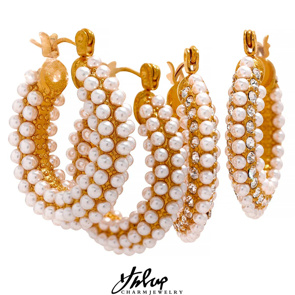 Exquisite Luxury Stainless Steel Imitation Pearls Hoop Huggie Earrings Romantic Elegant Fashion Charm Trendy Chic Jewelry
