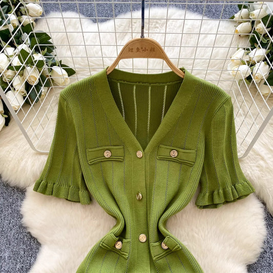 Fashion Vintage Knitted Long Dress Spring Summer Women Elegant V-neck Ruffled Bodycon Sweater Dress Party Vestido