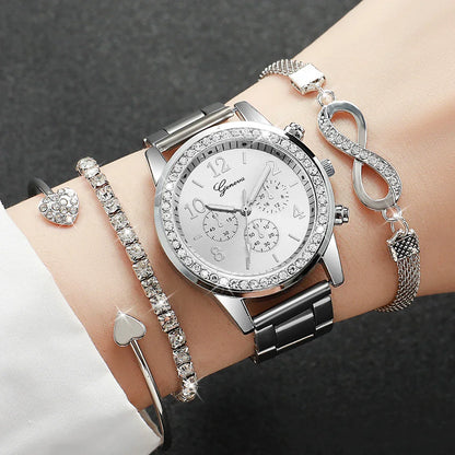 Women's Watch Fashion Rhinestone Arabic Dial Steel Band Quartz Watches Bracelets Set