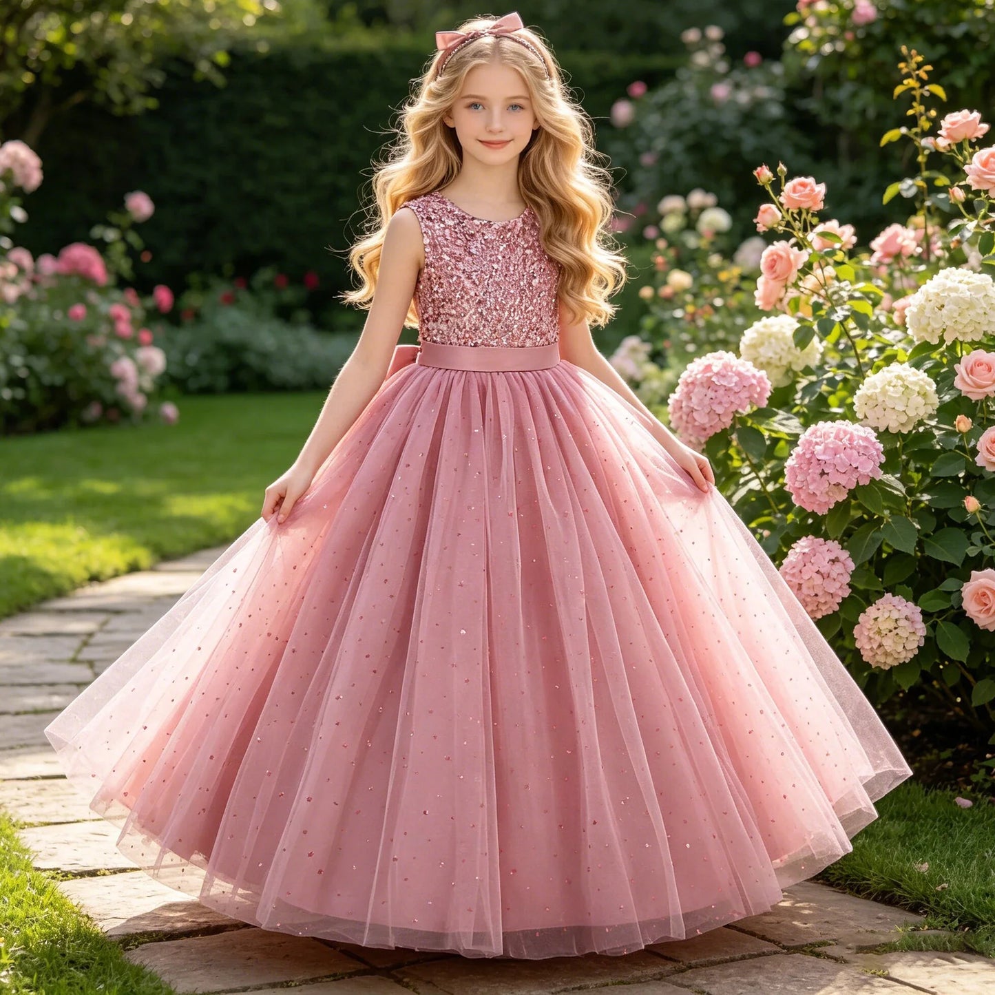 Vestidos de Festa de Daminha de Verão com Lantejoulas para Meninas Elegante Laço Vestido de Aniversário de Casamento para Meninas Baile de Formatura Gala Concurso Noite Roupa Infantil